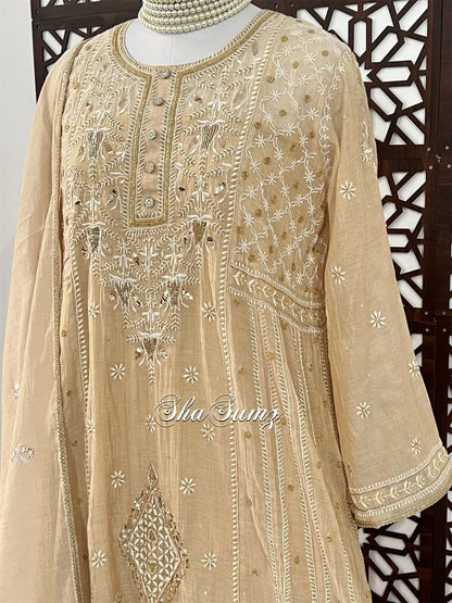 Pure Tissue Chanderi Anarkali with Chikankari & Mukaish Haath Jaali.