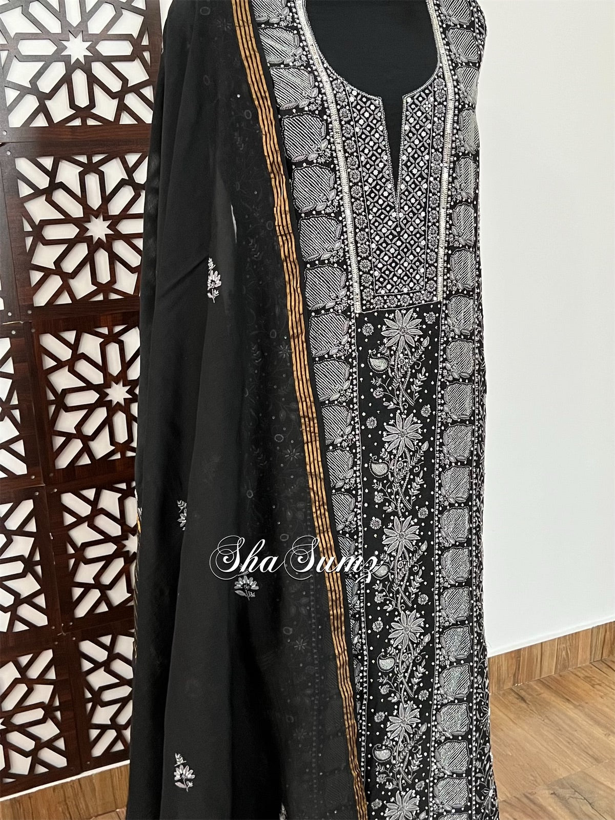 Black Mul Chanderi Suit with Grey Chikankari & Embellishments