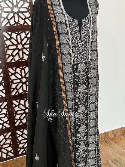 Black Mul Chanderi Suit with Grey Chikankari & Embellishments