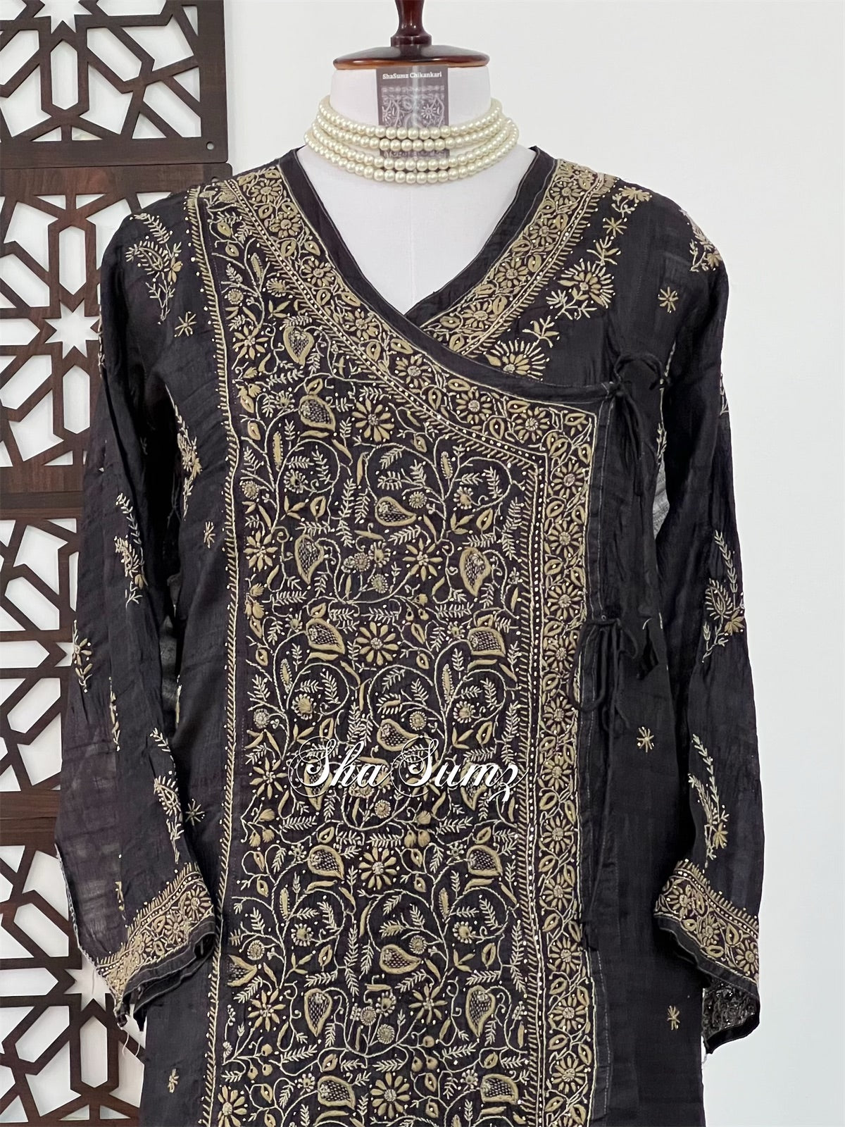 Black Pure Khadi Silk Angarkha with Chikankari & Mukaish