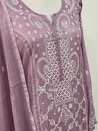 Glossy Lavender Tissue Chanderi Suit with Chikankari & Embellishments