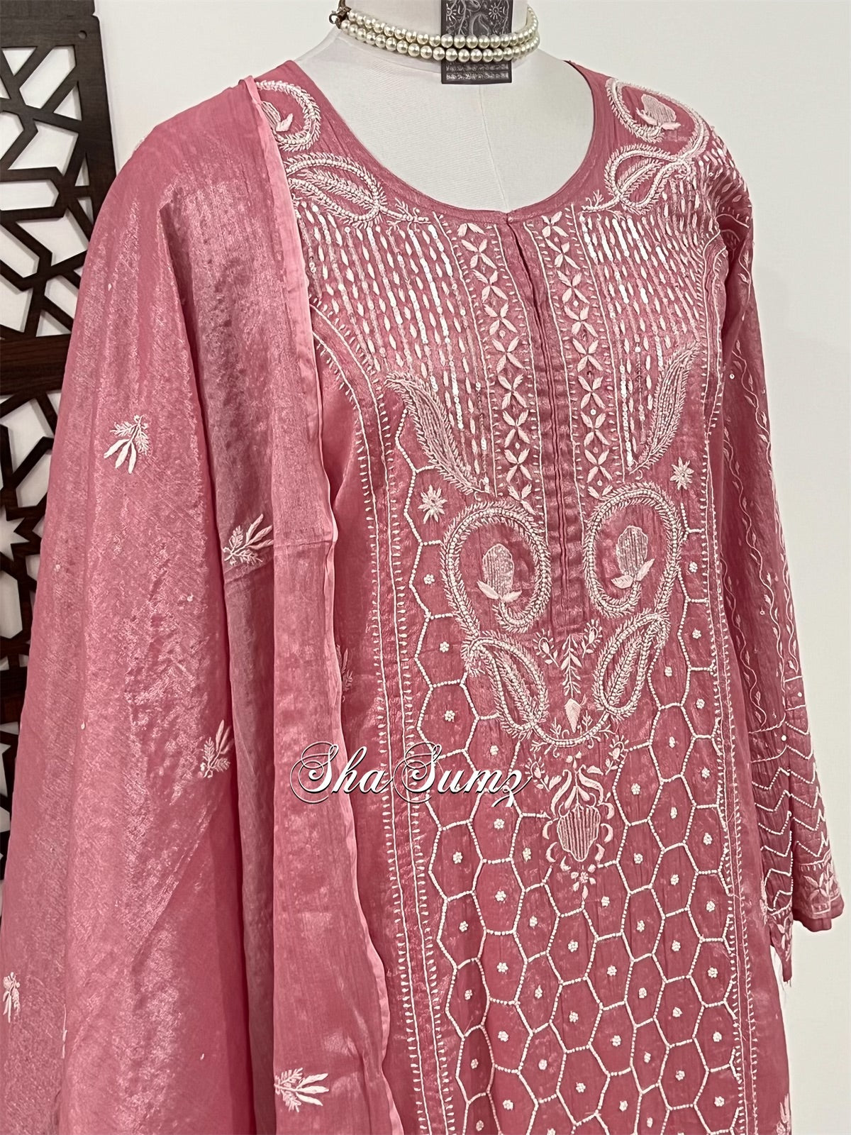 Onion Pink Tissue Chanderi Suit with Chikankari & Pearls