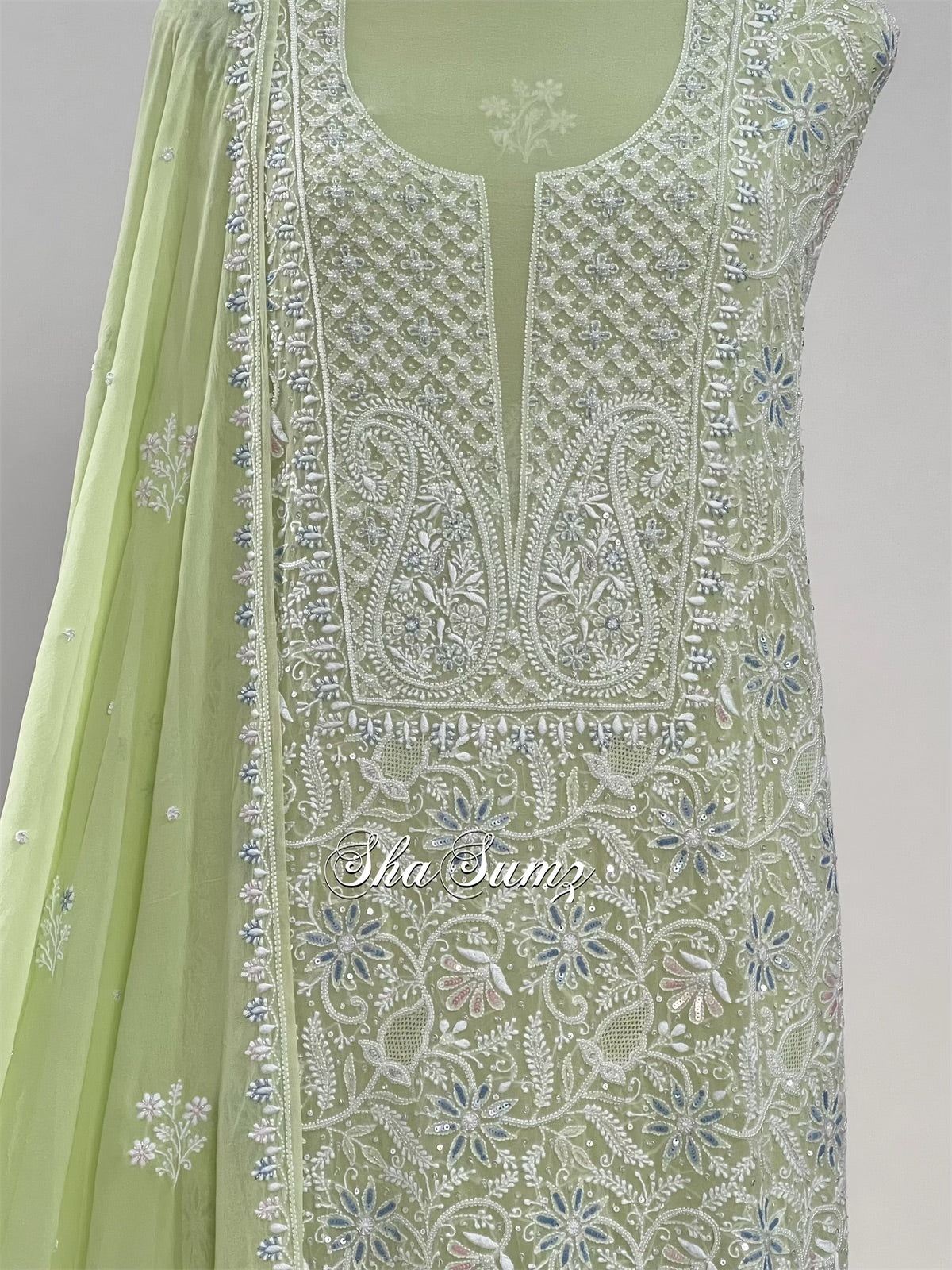 Pistachio Green Chikankari & Pearls Suit