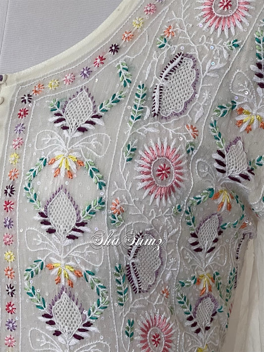 Close up of ShaSumz Signature anarkali with multicolour resham