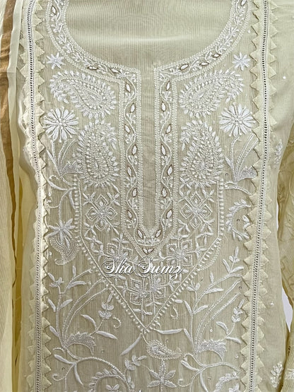 Ivory Chikankari Applique Chanderi Embellished Suit