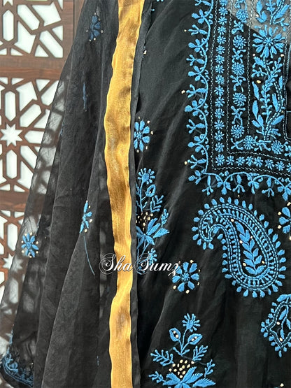 Black Organza Suit with Blue Chikankari & Mukaish