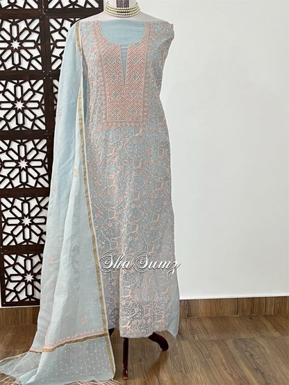 Powder Blue Mul Chanderi Suit with Chikankari & Embellishments