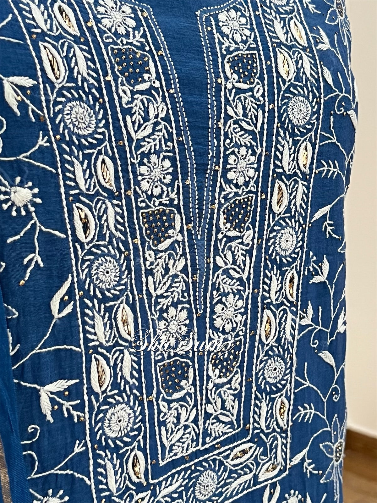 Peacock Blue Chikankari & Mukaish Mul Chanderi Suit