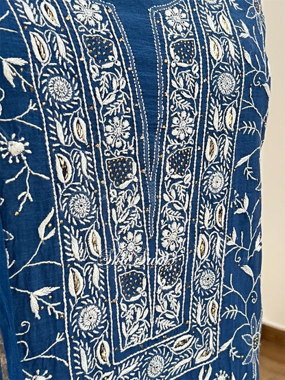 Peacock Blue Chikankari & Mukaish Mul Chanderi Suit