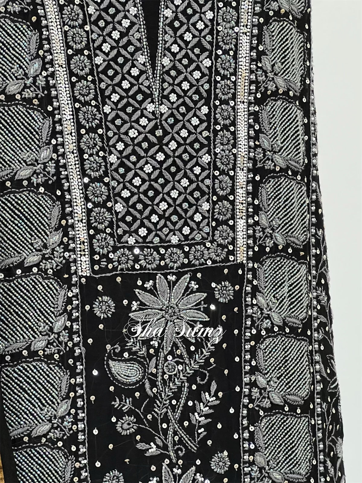 Black Mul Chanderi Suit with Grey Chikankari & Embellishments