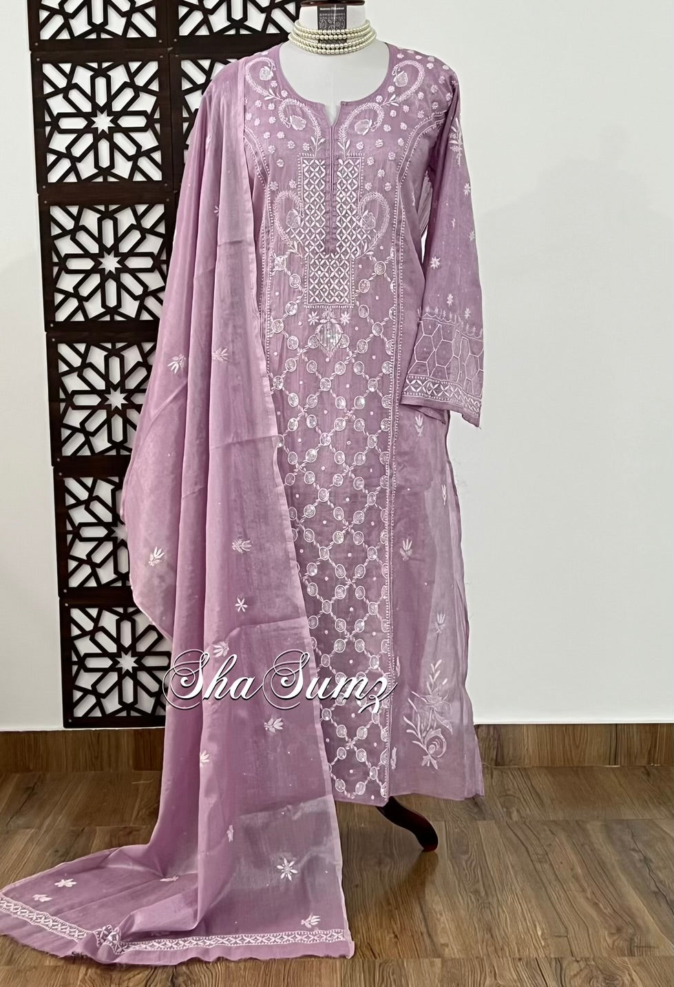 Glossy Lavender Tissue Chanderi Suit with Chikankari & Embellishments