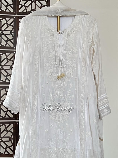 White Chikankari and Embellishments Mul Chanderi Suit