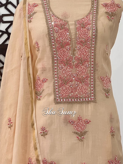 Beige Mul Chanderi Suit with Chikankari & Embellishments