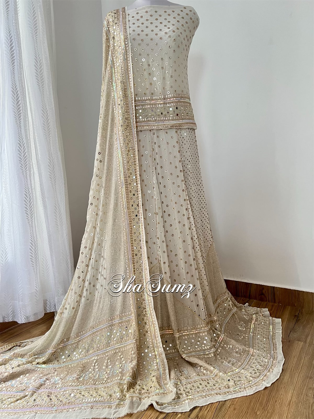 Ivory Glittery Mukaish & Mirrors Lehenga