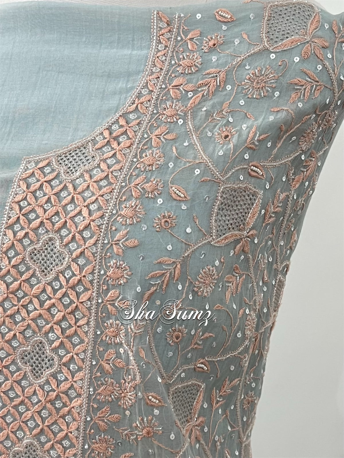 Powder Blue Mul Chanderi Suit with Chikankari & Embellishments