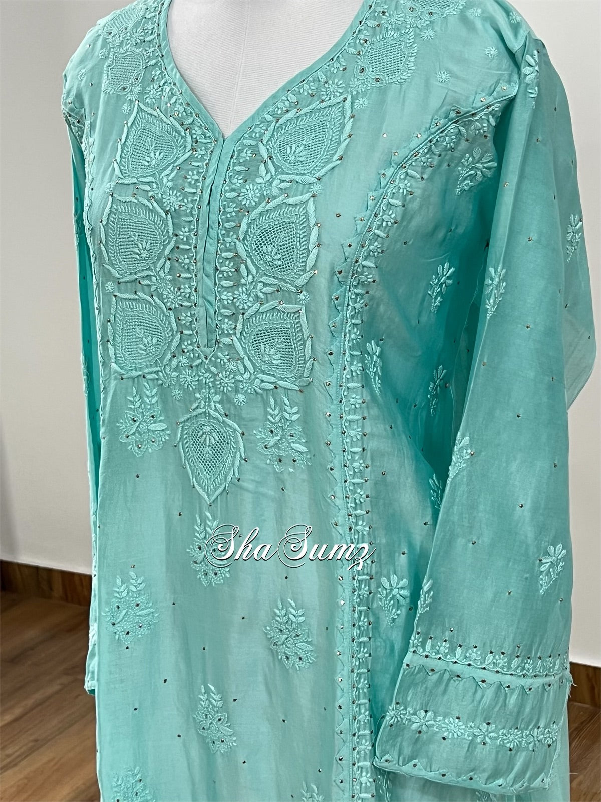 Aqua Green Chanderi Chikankari and Kamdani Kurti