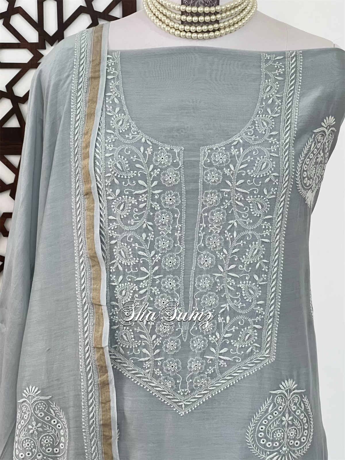 Grey Pure Chanderi Silk Suit with 2 Taar Chikankari