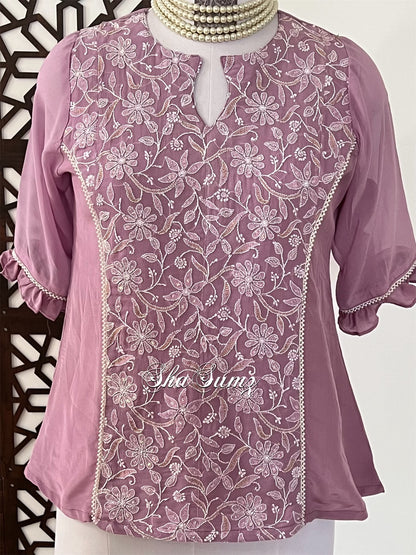 Mauve Chikankari & Embellishments Pure Georgette Shirt