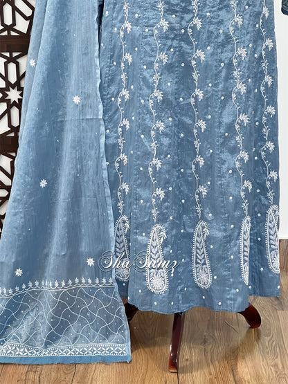 Steel Blue Tissue Chanderi Silk Anarkali with Chikankari & Embellishments