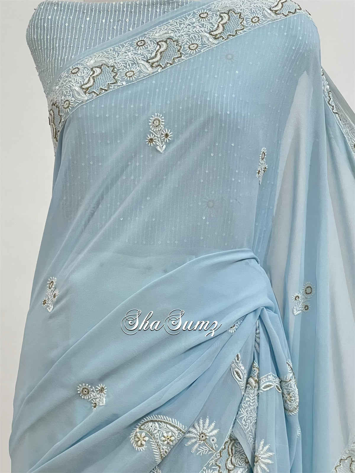 Powder Blue Saree with Chikankari & Embellishments