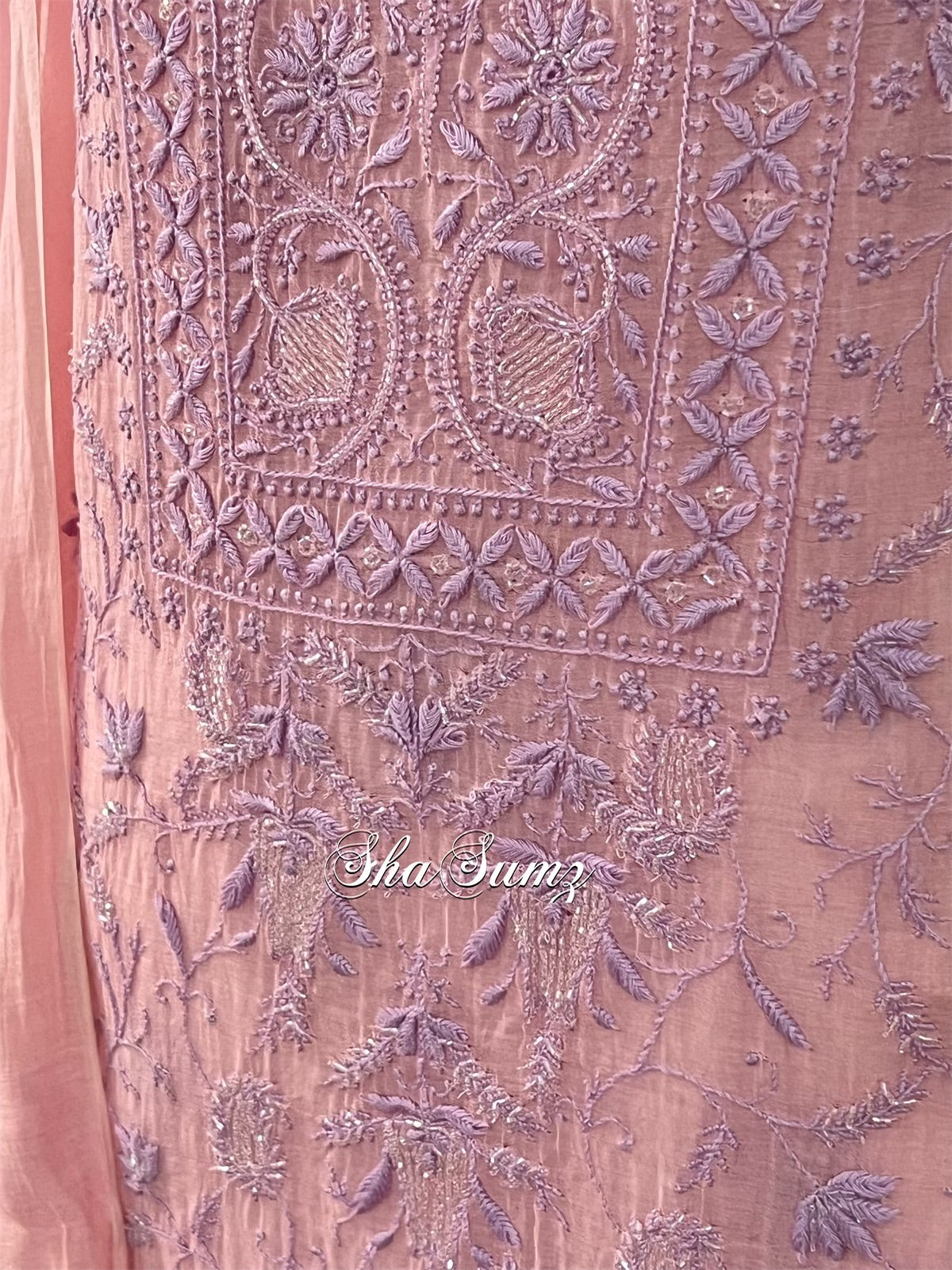 Peachy Pink Mul Chanderi Suit with Chikankari & Embellishments