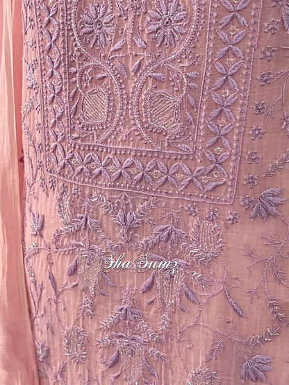 Peachy Pink Mul Chanderi Suit with Chikankari & Embellishments