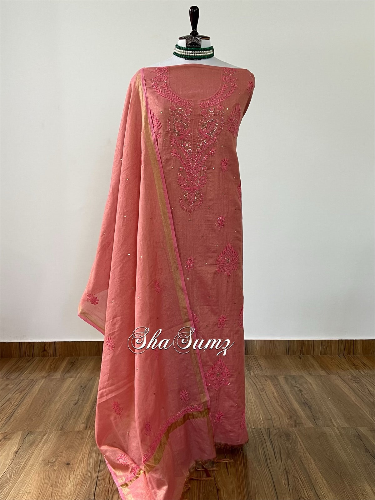 Carrot Pink Tissue Chanderi Silk Suit