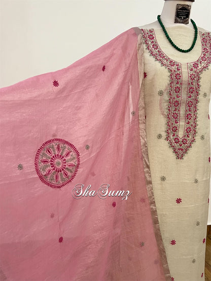 Silver Grey & Pink Tissue Suit with Chikankari