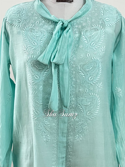 Mint Green Mul Chanderi Chikankari Shirt