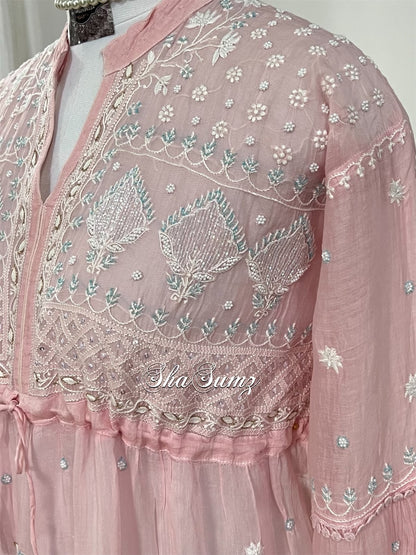 Powder Pink Chanderi Dress with Chikankari & Embellishments