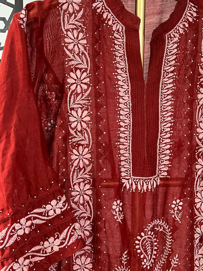 Auburn Chanderi Kurta with Chikankari & Kamdani