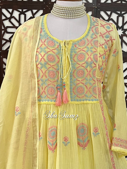 Lemon Yellow Mul Chanderi Peshwaz with Multi Colour Chikankari