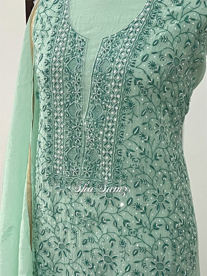 Sea green Mul Chanderi Chikaankari Suit