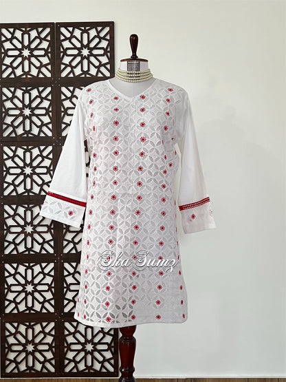 White Cotton Chikankari Cutwork Applique Kurti