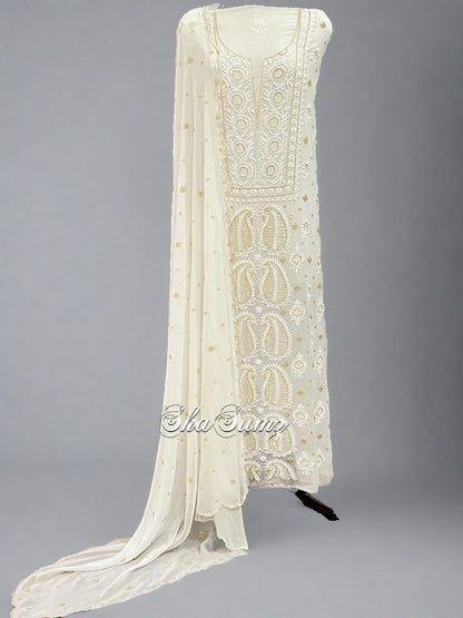 Pearl White Pure Georgette Suit with Chikankari & Embellishments