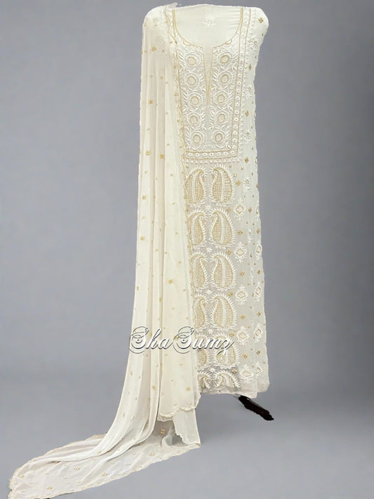 Pearl White Pure Georgette Suit with Chikankari & Embellishments