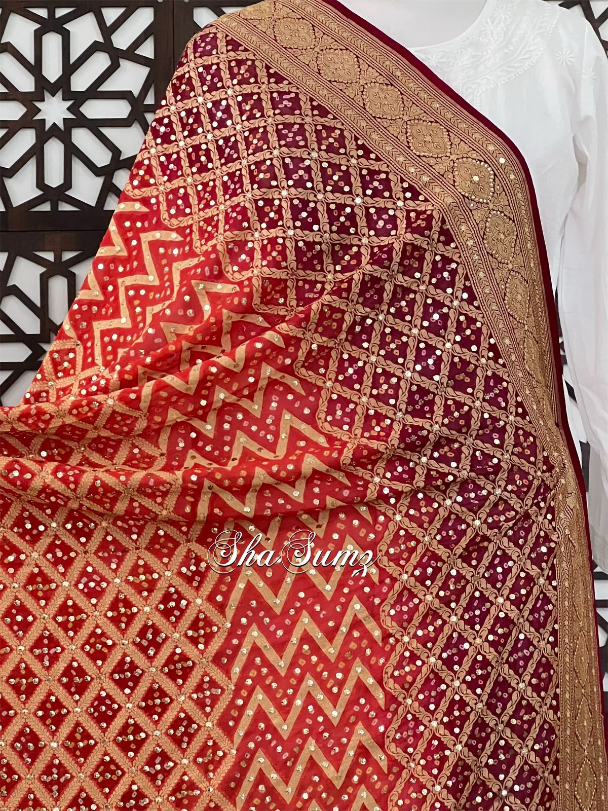 Maroon & Burnt Orange Banarsi Bandhej Pure Georgette Mukaish Dupatta