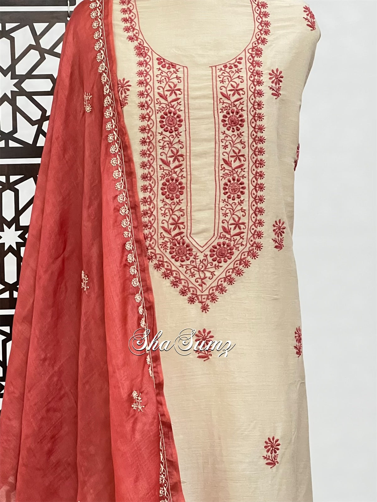 Beige & Rust Muga Silk Chikankari Suit