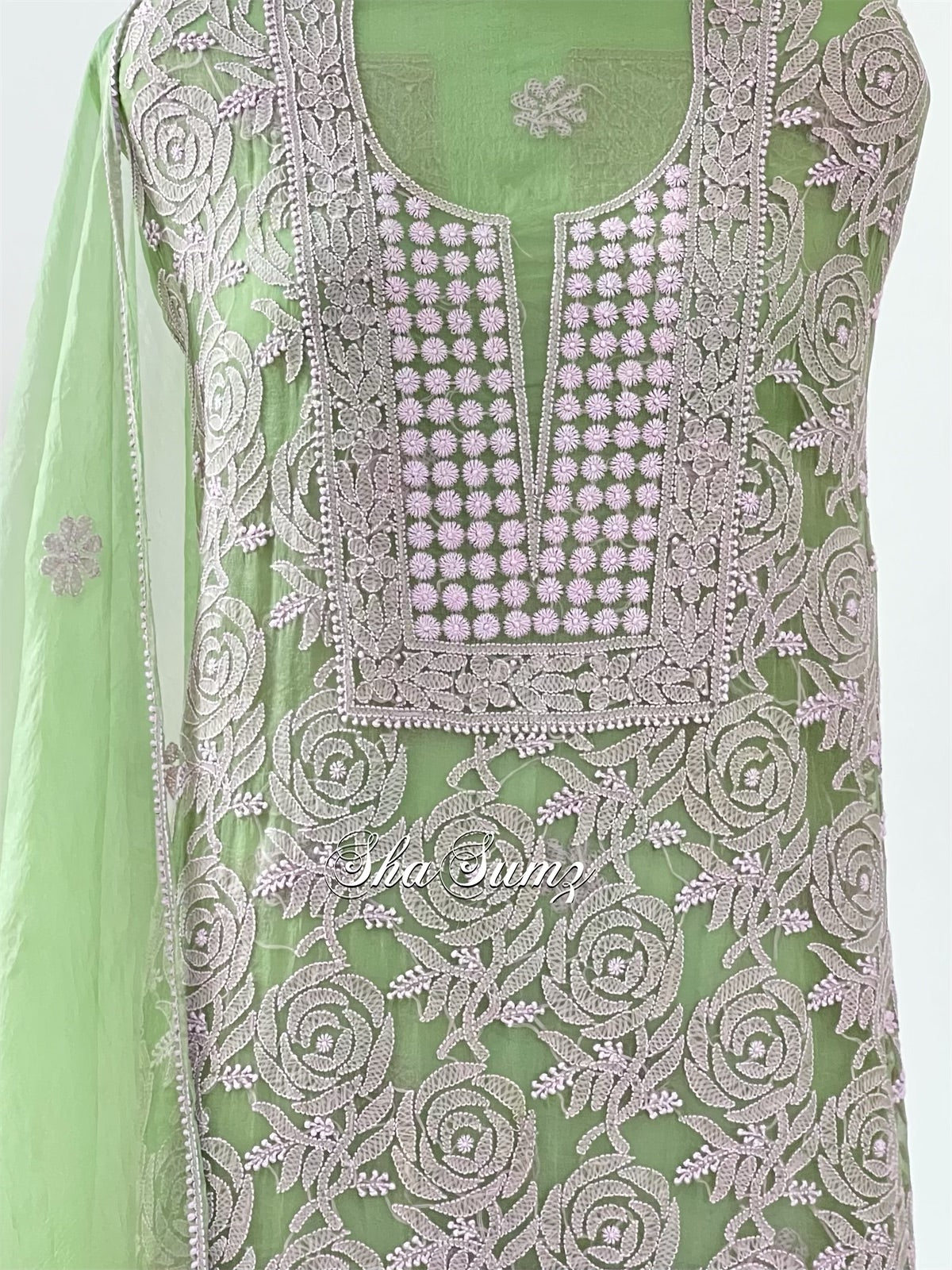 Apple Green Organza Chikan Suit