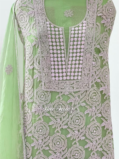 Apple Green Organza Chikan Suit