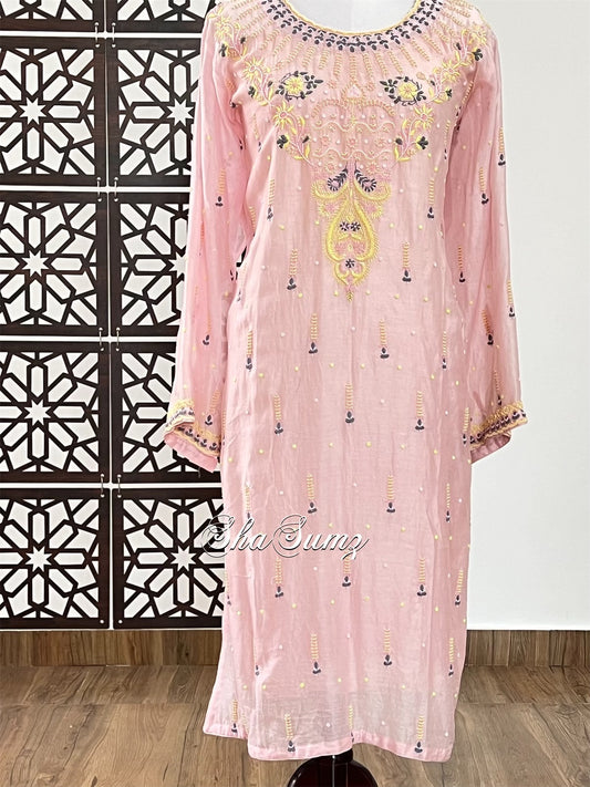 Blush Pink Chanderi Silk Kurta with Chikankari & Pearls