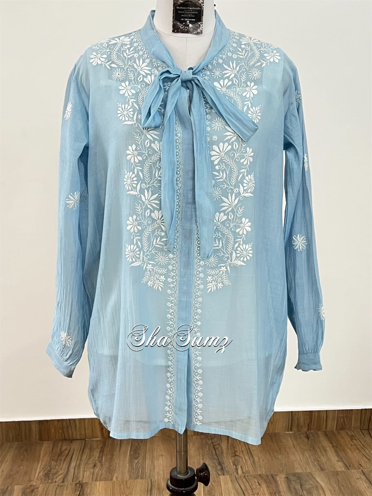 Powder Blue Mul Chanderi Chikankari Shirt