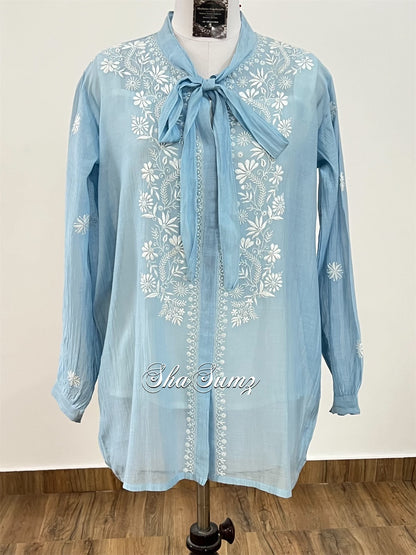 Powder Blue Mul Chanderi Chikankari Shirt