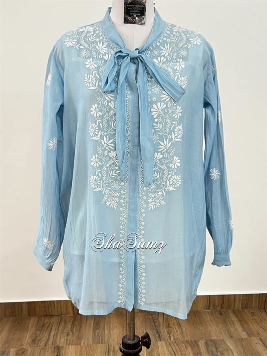 Powder Blue Mul Chanderi Chikankari Shirt