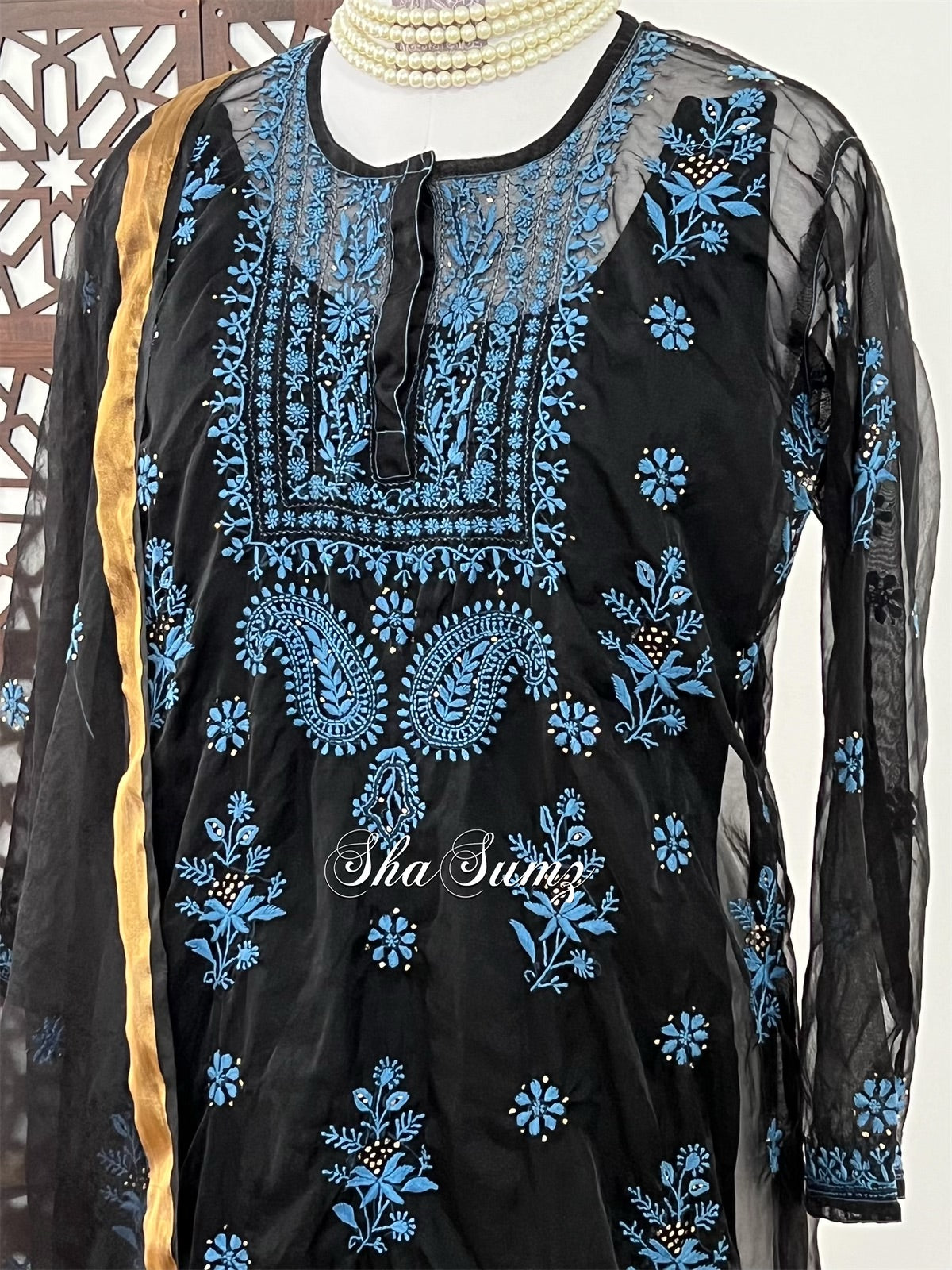 Black Organza Suit with Blue Chikankari & Mukaish