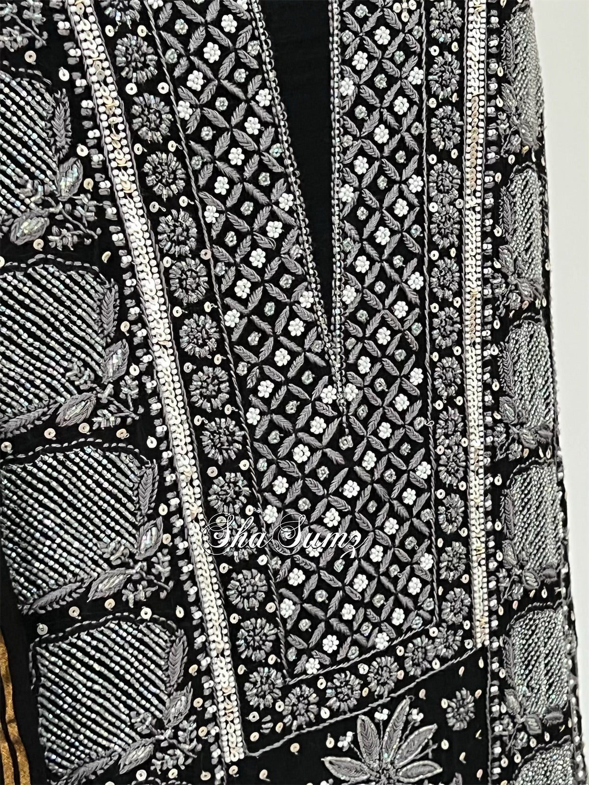 Black Mul Chanderi Suit with Grey Chikankari & Embellishments