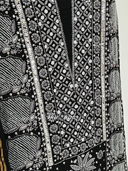 Black Mul Chanderi Suit with Grey Chikankari & Embellishments