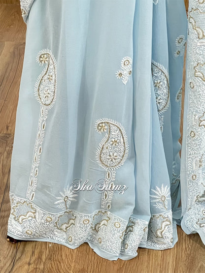 Powder Blue Saree with Chikankari & Embellishments