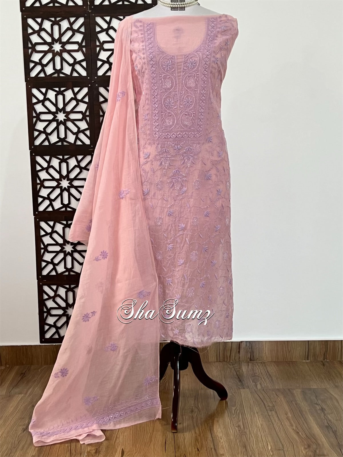 Peachy Pink Mul Chanderi Suit with Chikankari & Embellishments