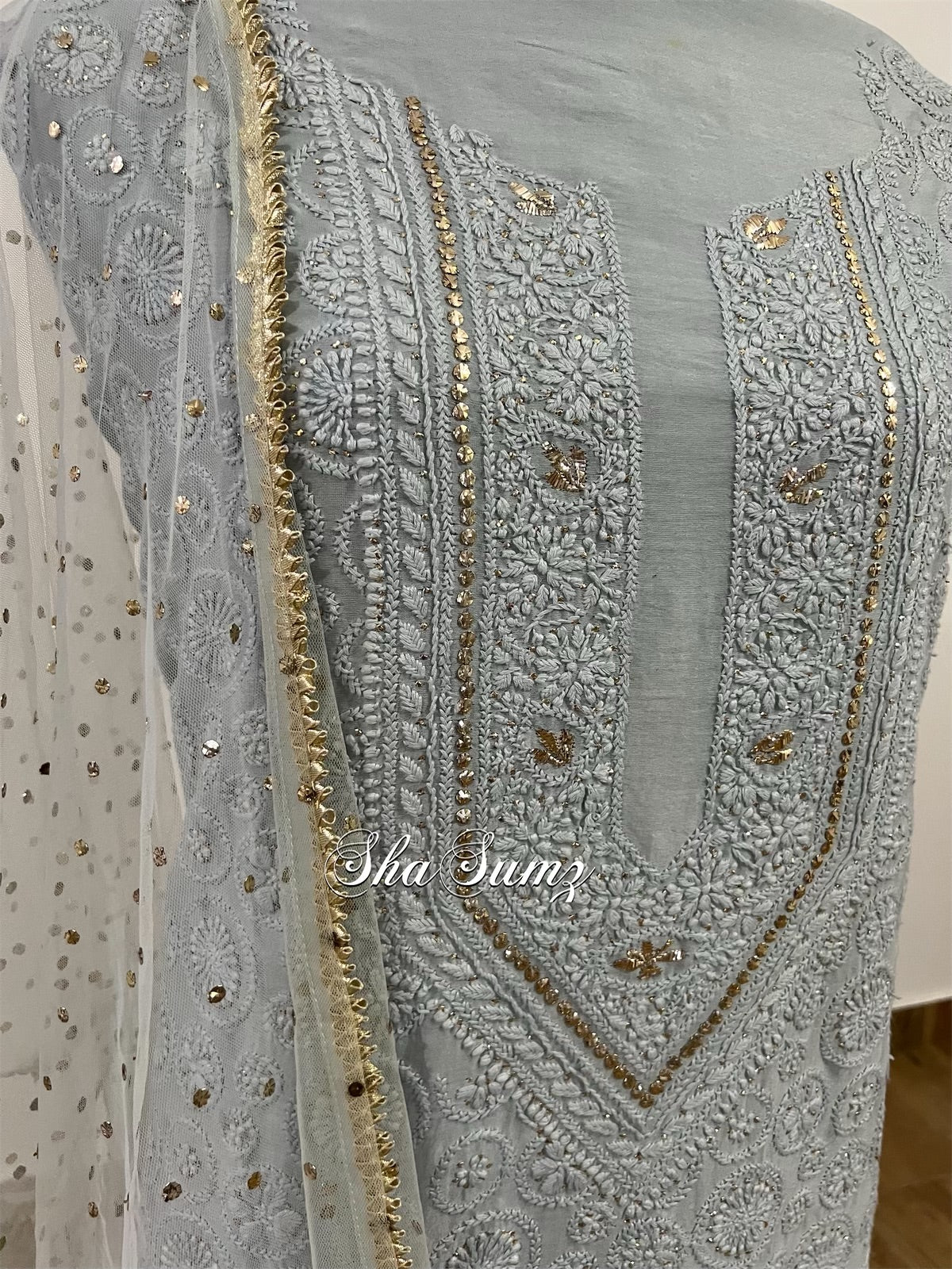 Silver Grey Chikankari & Mukaish Chanderi Suit